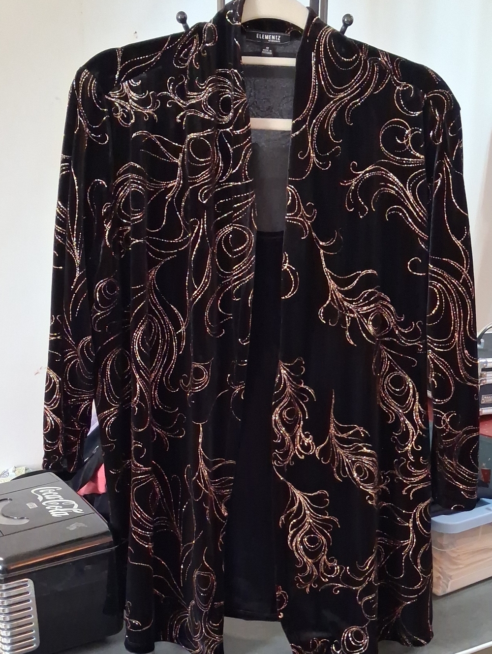 Elementz Black Velvet Open Front Jacket with Gold Swirl Accents